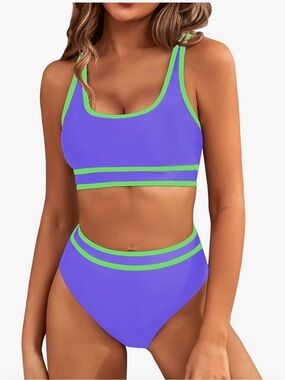 BMJL Purple & Lime High-Waist Bikini Set - Sporty Scoop Top NWT